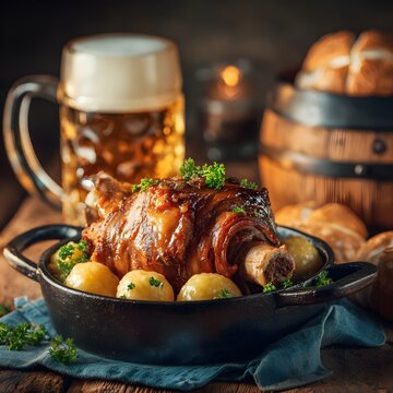Roasted pork knuckle served with bread dumplings and beer glasses on a rustic wooden table