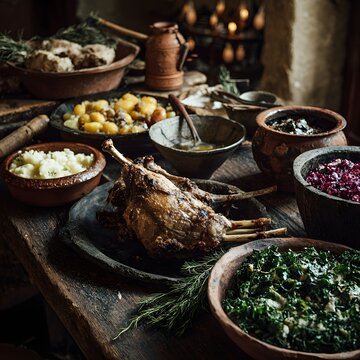 Hearty meal spread on a wooden table, emphasizing bounty and celebration