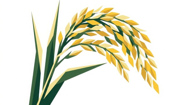 Agriculture - Golden Rice Plant Sprig with Ripe Grain Panicle and Green Leaves Flat Vector Illustration
