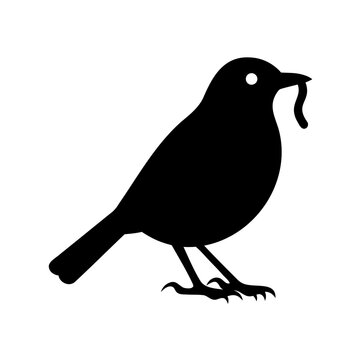 Black bird eating a worm on ground - Minimalist black silhouette of a bird perched while eating a worm, simple and clean design for editorial or nature-themed projects.