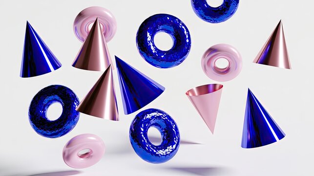 Floating blue and pink metallic 3D geometric elements