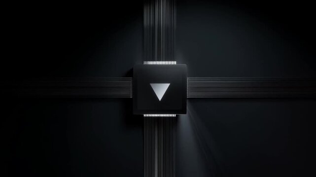 AI chip turning on visual effect with glowing red light beams crossing dark background in futuristic microchip circuit technology