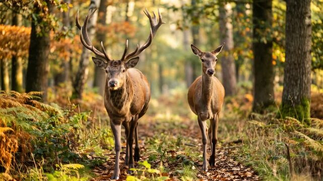 male and female deer walking through bavarian forest germany golden light toward camera video