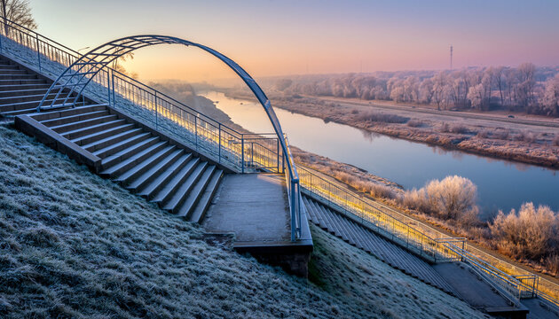Modern arch bridge staircase leading to river overlook at sunset.