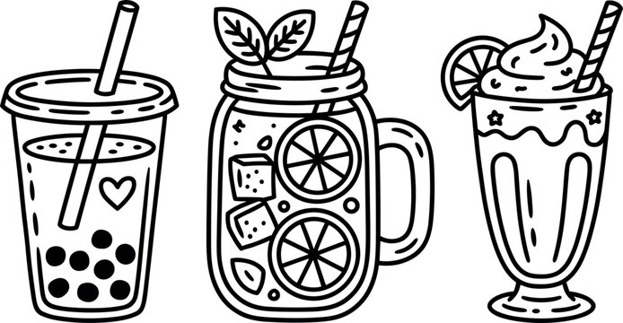 Cold drink vector icon set with hand drawn doodle illustrations of bubble boba tea lemon lemonade mason jar and sweet milkshake