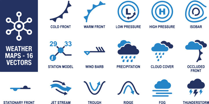Set of meteorological weather map symbols and icons including fronts pressure systems wind barbs and precipitation signs in blue color scheme