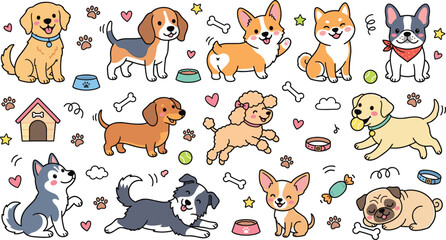 Cute dog breed sticker set featuring golden retriever corgi beagle shiba inu french bulldog dachshund poodle husky pug and chihuahua puppies vector doodle illustrations © MstLinaAkter