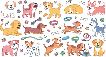 Cute puppy stickers and dog breeds collection featuring golden retriever corgi dalmatian husky bulldog dachshund and beagle puppies playing with toys vector outline doodle illustrations © MstLinaAkter