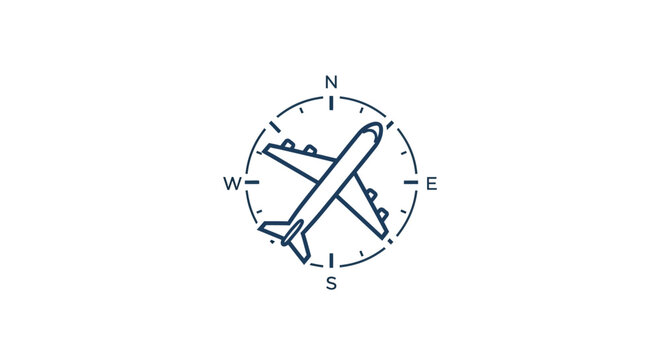 A minimalist line art icon of an airplane centered inside a navigation compass rose