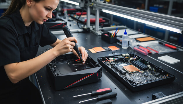 Focused female electronics technician in a dark uniform using a precision electric screwdriver to assemble components inside a black hardware device at a bright workstation in a modern repair lab