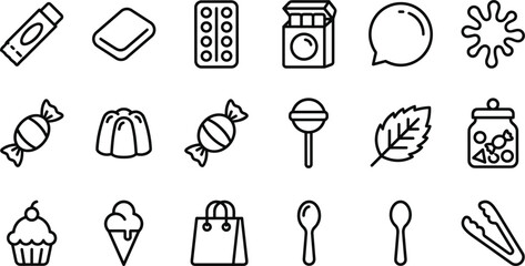Candy and sweet shop line icon set containing lollipop wrapped caramel chewing gum mint leaf candy jar jelly dessert ice cream and confectionery shop outline vector symbols © MstLinaAkter