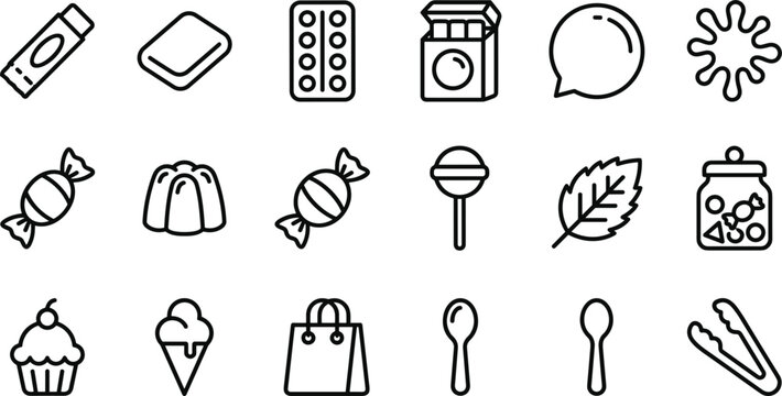 Candy and sweet shop line icon set containing lollipop wrapped caramel chewing gum mint leaf candy jar jelly dessert ice cream and confectionery shop outline vector symbols