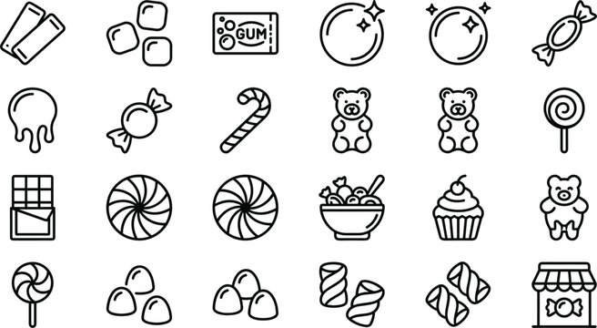 Sweet shop and sugar confectionery line icon set featuring bubblegum gummy bears hard candies candy cane swirls chocolate bars cupcakes and marshmallows vector outline symbols