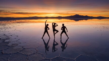 Fototapeta premium Silhouettes of dancers on a salt flat at sunset
