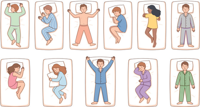 People sleeping in different positions, comfortable sleep poses set, isolated cartoon vector illustrations