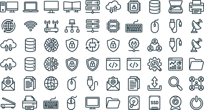 Computer networking and cyber security line icon set containing server hosting cloud data protection artificial intelligence hardware components and database storage outline vector icons