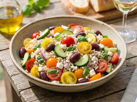 Fresh greek salad with colorful cherry tomatoes and cucumber in a large round bowl on wooden table. riso insalata