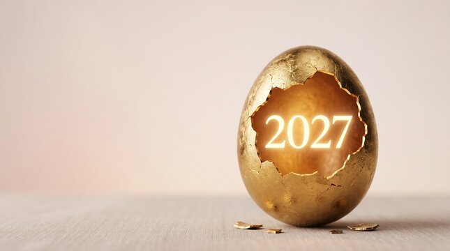 Cracked golden egg revealing the glowing year 2027 inside with a textured surface and soft lighting set against a clean neutral background for holiday concepts