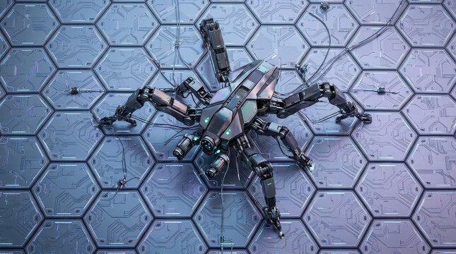 Sci-fi robotic spider on hexagonal grid