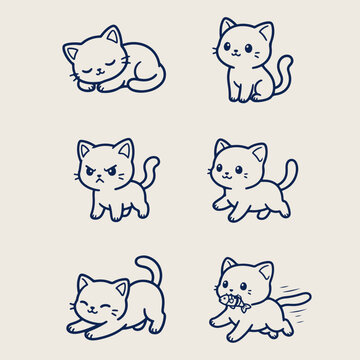 Cat Line Art Vector Set in Various Poses for International Cat Day