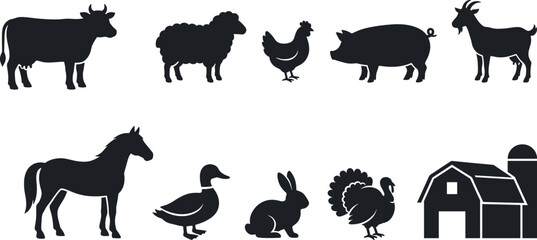 Farm animals vector icon set with cow, sheep, chicken, pig, goat, horse, and barn © VectoStudio