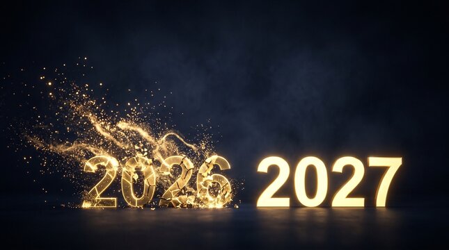 Golden glowing numbers representing the year 2026 shattering into sparkling dust particles while the bright number 2027 stands firm on dark ground