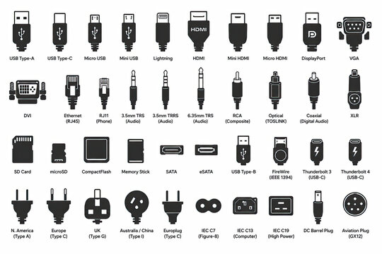 Electric connectors, USB types, plugs, cables, power adapters, set of 40 icons