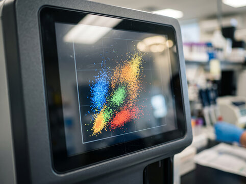 Close-up of a touchscreen display showing colorful scatter plot data in a laboratory setting