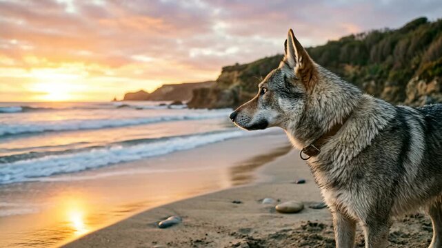 czechoslovakian wolfdog on iceland black sand beach golden light close up video