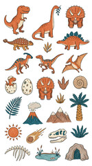 Collection of cartoon dinosaurs and prehistoric elements, perfect for children's illustrations and educational materials with colored-pencil texture. © Banana Milk