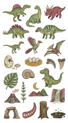 Collection of colorful cartoon dinosaurs and prehistoric elements, including eggs, fossils, and volcanoeswith colored-pencil texture. © Banana Milk