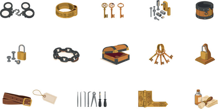 Vintage locking mechanisms and security vector icon bundle featuring antique brass padlocks, old handcuffs, metal chains, skeleton keys, lockpicking tools, and chest locks isolated on white background