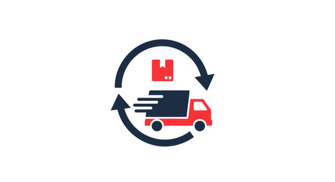 A minimalist icon showing a delivery truck with a circular return arrow symbol