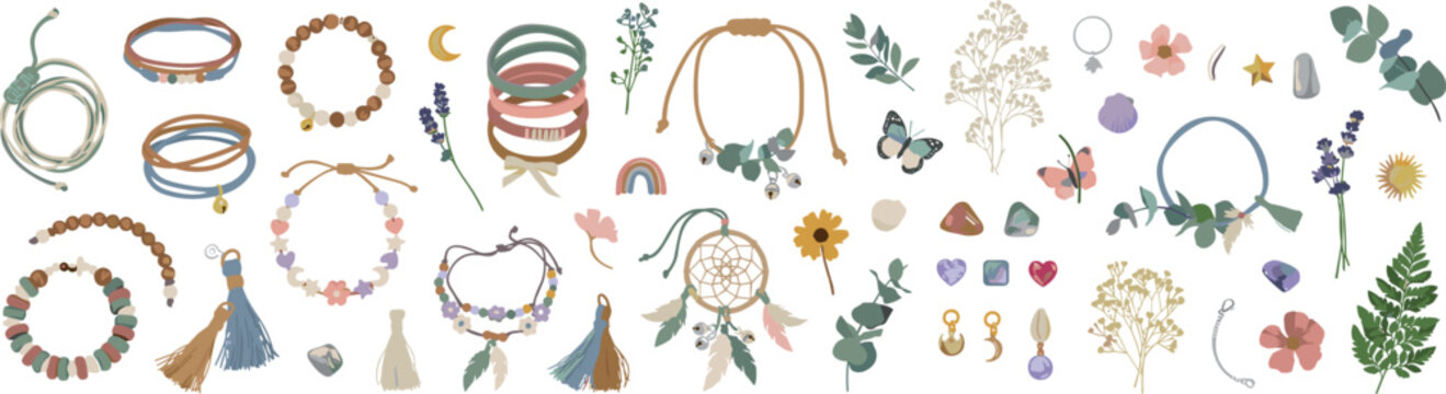 Boho chic fashion jewelry and accessories vector bundle featuring handmade cord bracelets, beaded bangles, dreamcatcher, tassels, crystals, and delicate botanical elements isolated on white background