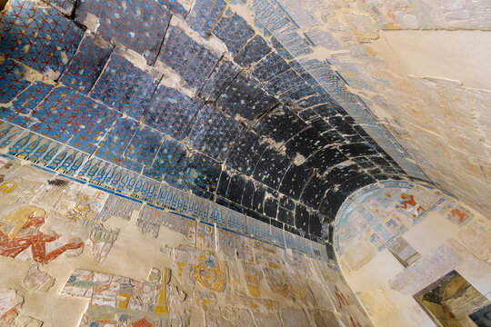 The painted walls and ceiling of the ancient "Holy of Holies" Main Sanctuary of Amun-Ra, the most sacred, innermost chamber of the Mortuary Temple of Hatshepsut, Luxor Egypt.