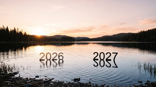 The numbers 2026 and 2027 standing on a calm lake surface reflecting the beautiful warm golden hour sunset in the wilderness