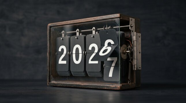 Vintage wooden flip clock displaying the year 2027 with mechanical metal gears and dark rustic aesthetic captured in a sharp professional studio lighting setup