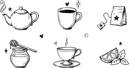 Hand Drawn Tea Time Vector Set with Hot Teapot Mug Honey Jar Dipper Teabag Packing Cup Saucer Lemon Slice and Mint Leaf Icons © Edo Rifandi!