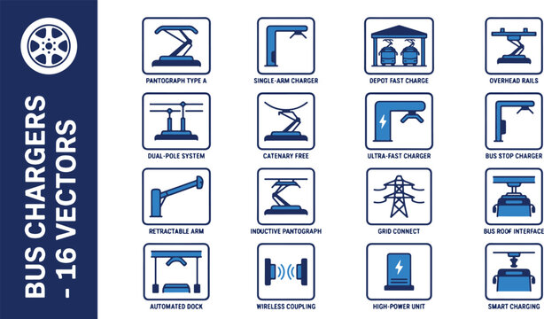 Electric bus charging stations and various industrial equipment illustrated in a detailed graphic design file reference 1 298 eps