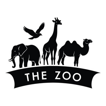 Zoo logo with elephant giraffe camel and bird silhouettes  zoo animals icon