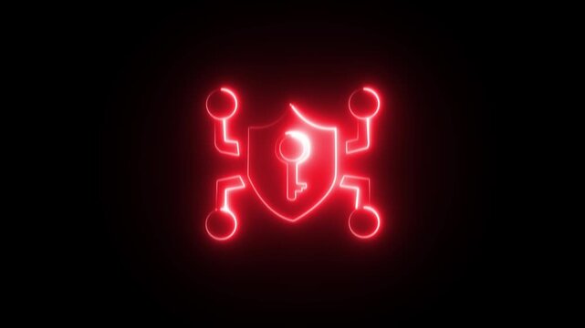 Shield icon featuring a central key emerges as a glowing red neon structure against a deep black void to signify advanced digital security and protected information storage for modern corporate.