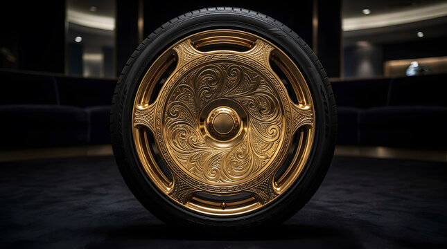 Luxury gold car wheel rim with intricate baroque engraved filigree pattern ornament