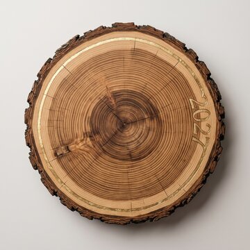 Circular cross section of a tree trunk showing detailed growth rings with elegant gold metallic inlay accents and the year 2027 engraved right inside