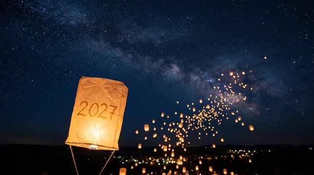 Glowing paper sky lantern featuring the year 2027 floating gracefully against a stunning dark night sky filled with countless sparkling stars and milky way