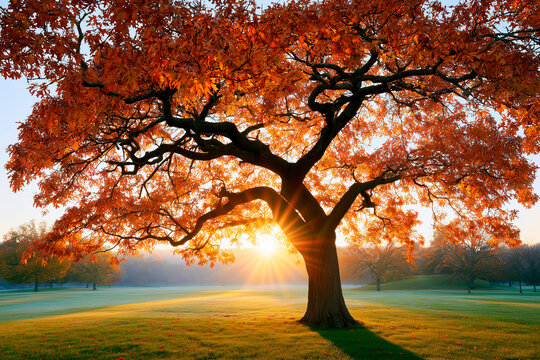 Majestic Autumn Oak Tree in Golden Sunset Light with Vibrant Fall Foliage