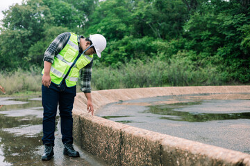 Obraz premium Environmental engineer inspecting wastewater treatment pond.