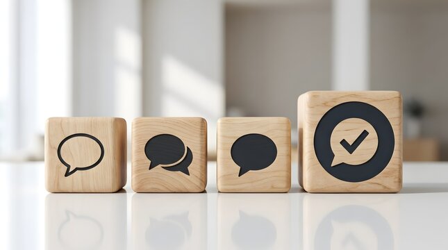 Successful communication and verified feedback concept with wooden cubes displaying chat icons and a final approval check mark in modern office