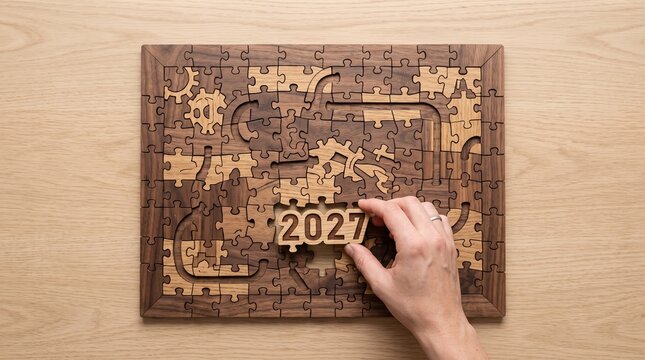 Hand placing a wooden puzzle piece featuring the year 2027 into a complex interlocking board game set against a smooth light oak wood surface