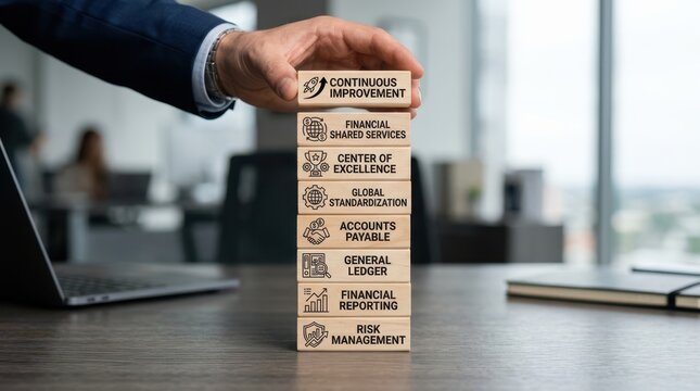 Businessman stacking wooden blocks with financial and management terms in office setting