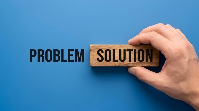 Hand placing wooden block with word solution next to problem on blue background, concept of finding answers, problem solving, strategy, choice and business development success